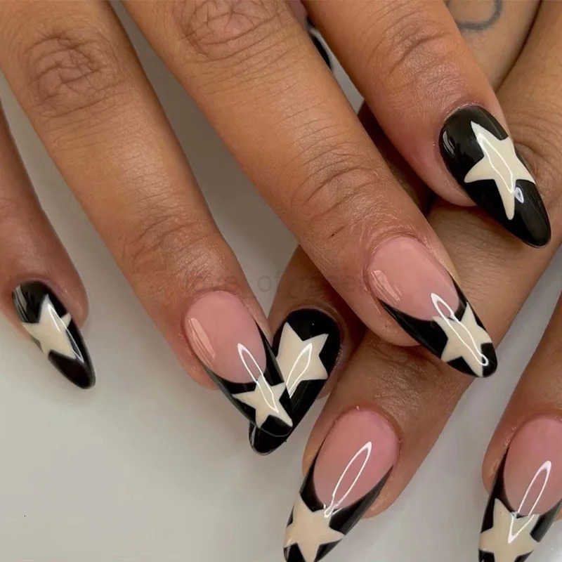 24pcs/box Fake French y2k Nails Press On Long Stiletto Almond Shape Wearable False Nails With Star Designs Full Cover Nail Tips Z250807