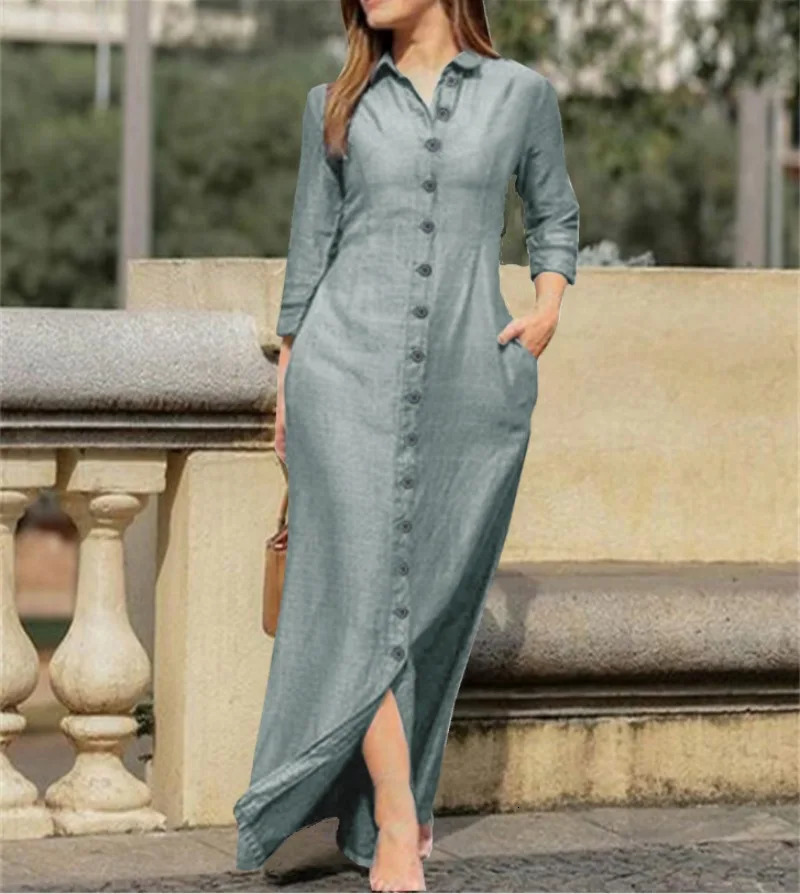Elegant and Fashionable Neutral Style Long Sleeved Cardigan Solid Color Long Cotton and Linen Dress Temperament Party Dress 250806