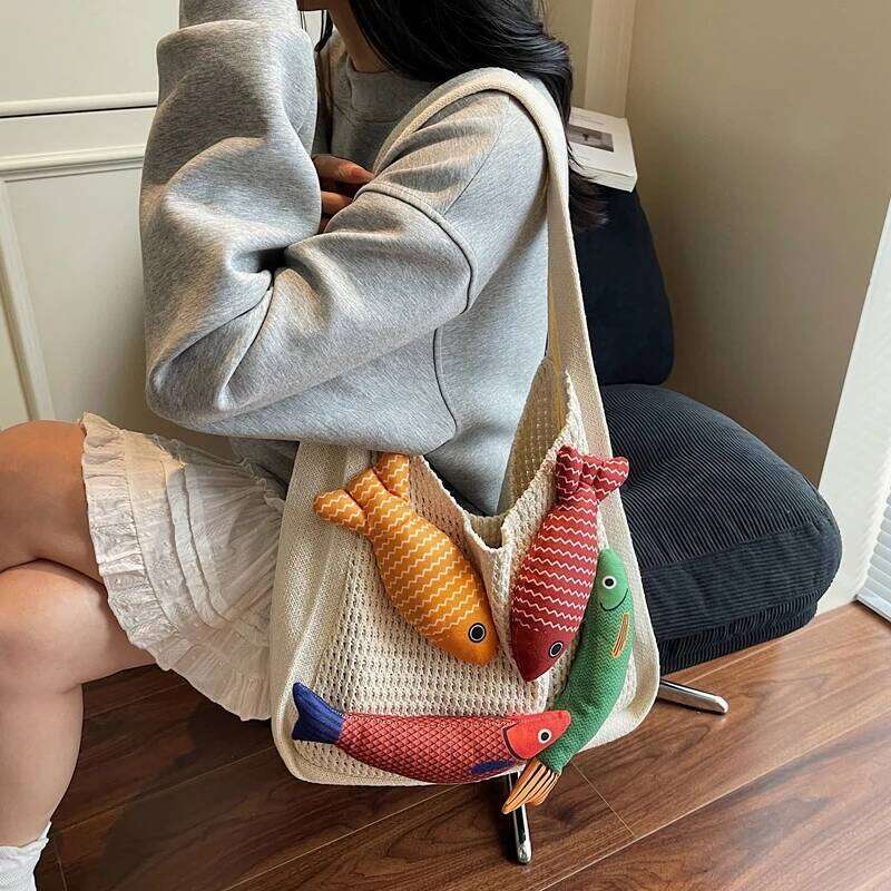 Lucky Fish Decor Shoulder Tote Bags For Women Woolen Knitted Large Capacity Shopper Totes Koi Design Casual Street Handbags 2025