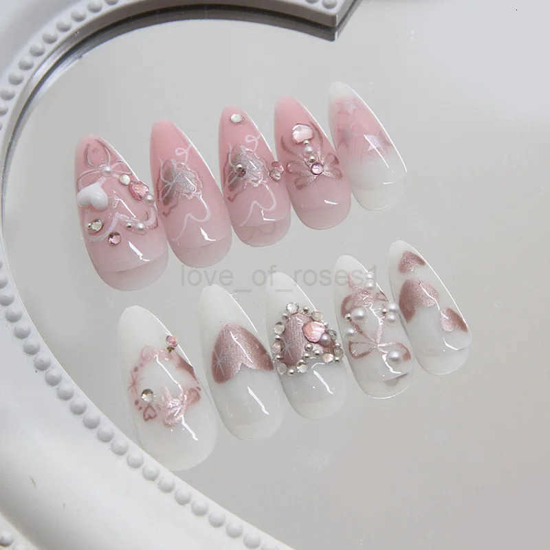 24pcs Sweet False Nail Patches Detachable Fake Nail Tips With Bowknots Love Heart Pearl Design Pink Almond Korean Press On Nails Z250807