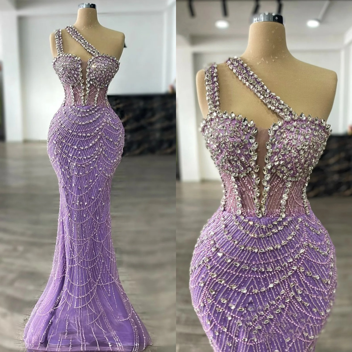 Elegant Crystal Evening DressesOne Shoulder Prom Dress Sequin Beading Slim Sleeveless Mermaid Princess Party Gowns Vestidos De Noche Plus Size