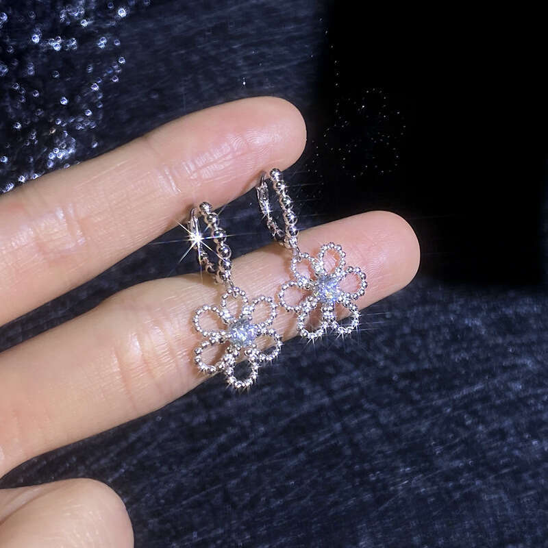 Iced Out VVS D Color Moissanite French Five-Petal Flower Camellia Earrings for Women