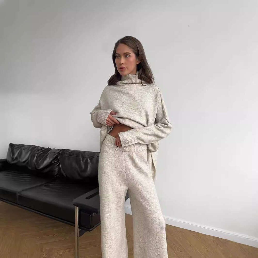 High Neck Split Wool Sweater For Women Loose Casual Lazy Knitted Long Pants Two-Piece Set B5 h7