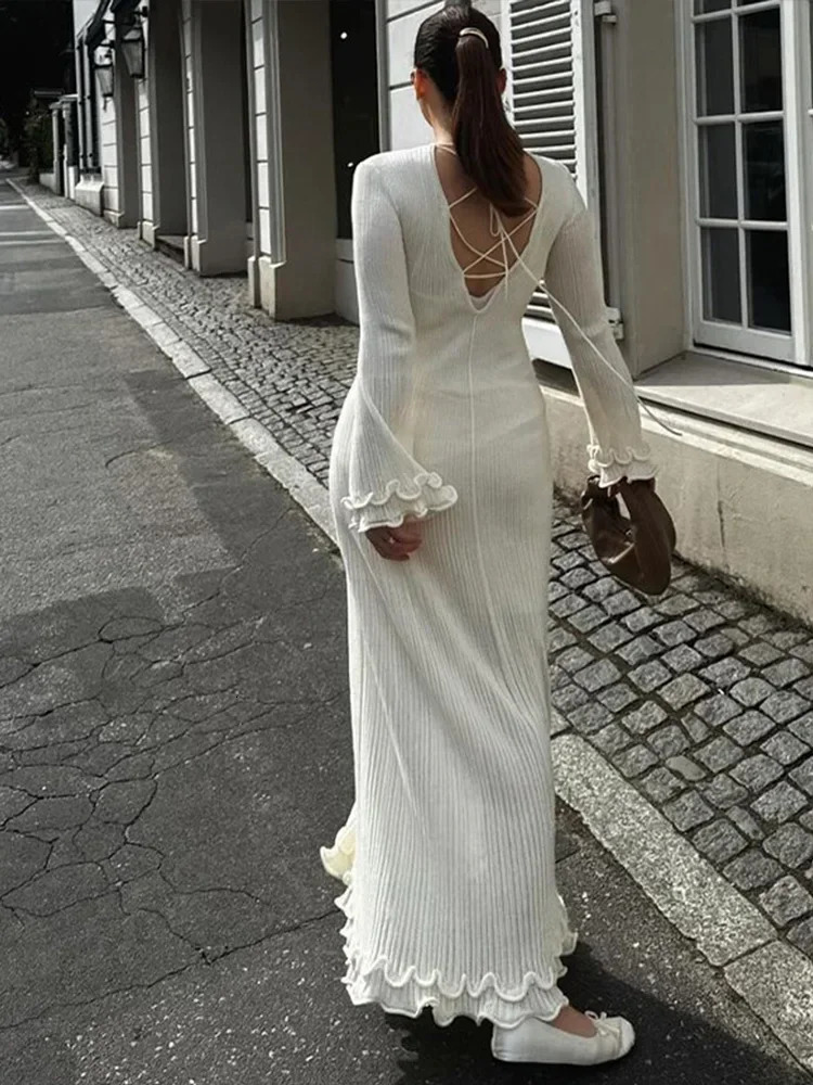 DFCF Causal Office Woman Elegant Buttons V Neck Knitted Maxi Dresses 2025 Fashion Long Sleeved Ruffles Pleasted Slim Dress 250728