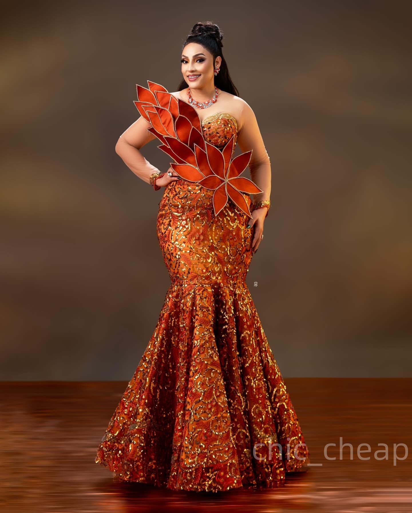 Mermaid Orange Prom Dresses 2025 Florals Sequined Lace Sheer Neck Evening Formal Party Second Birthday Engagement Gowns Plus Size Dress For Special Oc