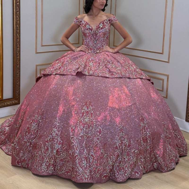 Rose Red Shiny Quinceanera Dresses Off The Shoulder Sequin Applique Beads Tull Ball Gown Vestidos De 15 Anos Sweet 16 Dress