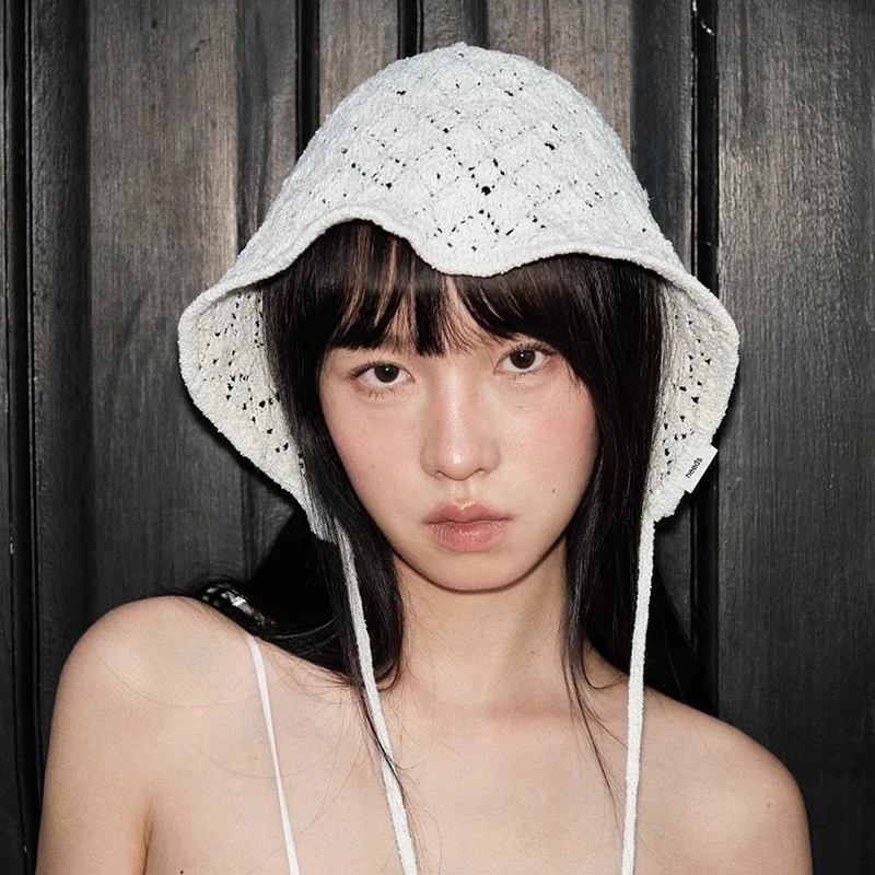 Korean Version Simple Lace-up Solid Color Bucket Hat Spring and Summer Thin Breathable Hollow Lace-up Beanie Cap for Womens 250805