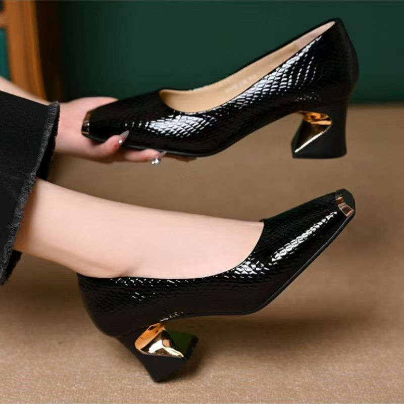 Designer fashion metal toe versatile shoes 2025 new square toe women's shallow mouth thick follow-up shoes