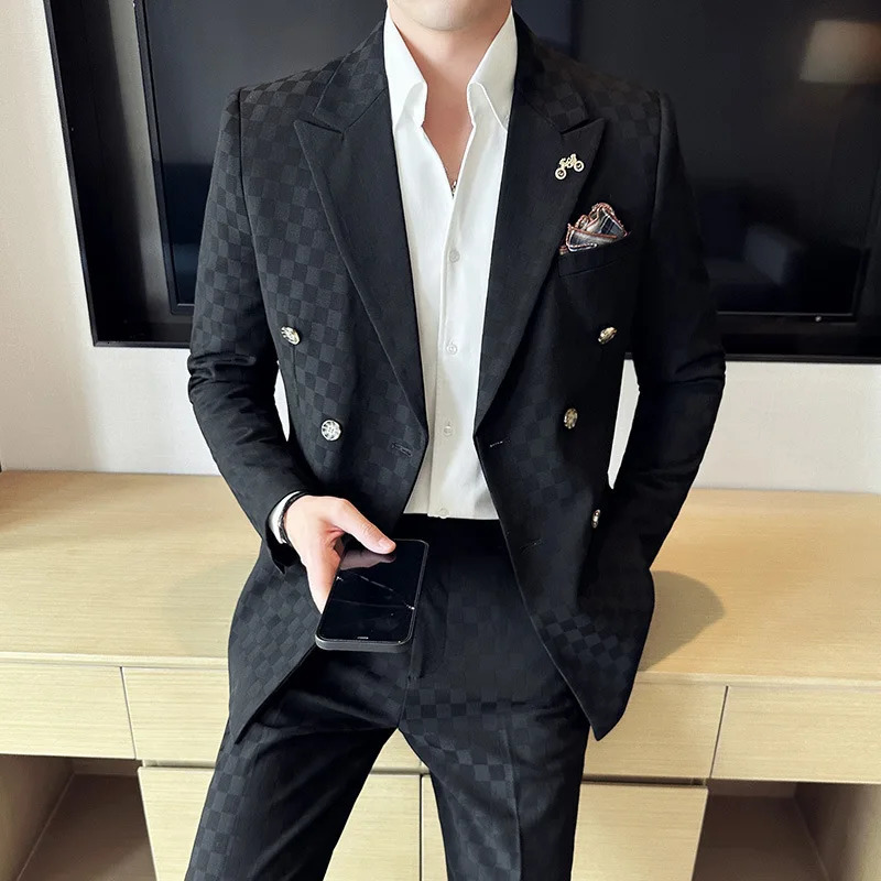 JacketPants Checkered Double Breasted Suit 2 Pieces Fashion Business Slim Fit Social Formal Evening Dress 5XLM 250807