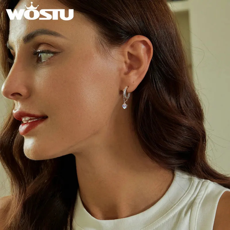 WOSTU 925 Sterling Rainbow Moonstone Heart Drop Link Earrings For Women Mystic Crystal Hoop Earrings Party Birthday Jewelry Gift 250805