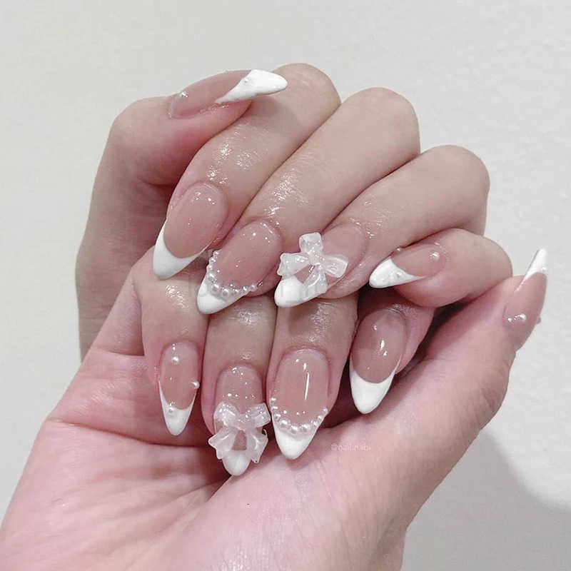 24Pcs Almond White French Press on Nails Pearl Bow False Nails Short Rhinestones Removable Nail Stickers for Women and Girls Z250807