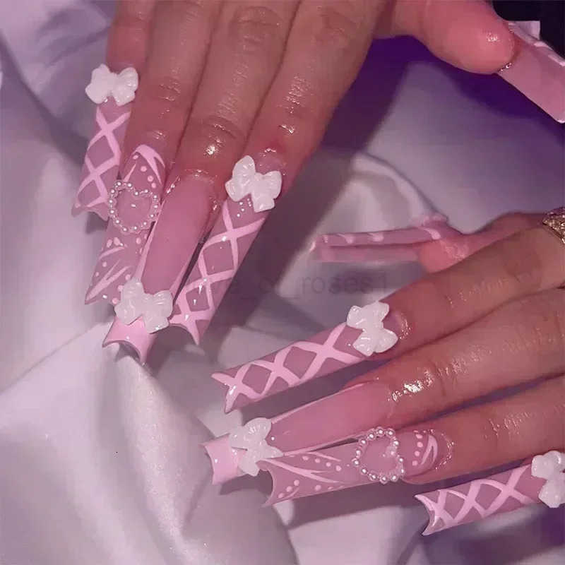 24Pcs Long Ballet False Nails Pink Butterfly with Rhinestones French Design Wearable Fake Nails Glitter Press-on Nails Tips Art Z250807