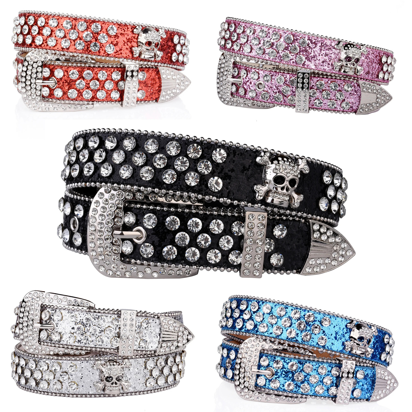 48/2000 Lady Rhinestone Skull Belt punk belt shiny Rhinestone decal belt 250805