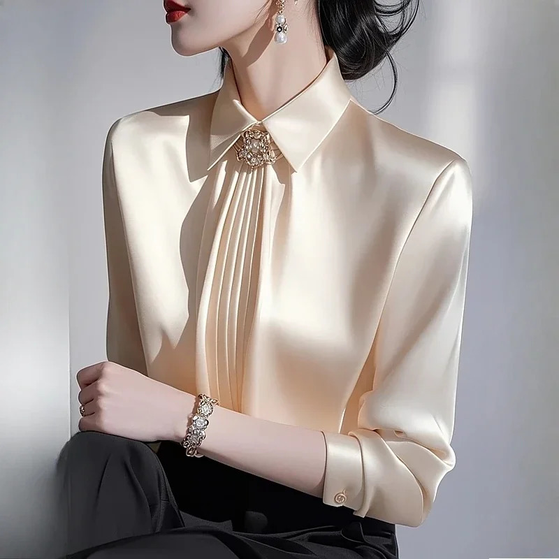 Satin Womens Blouses Korean Office Lady Shirts FASHION Loose SpringSummer Vintage Clothing Solid Long Sleeve Women Tops 250806