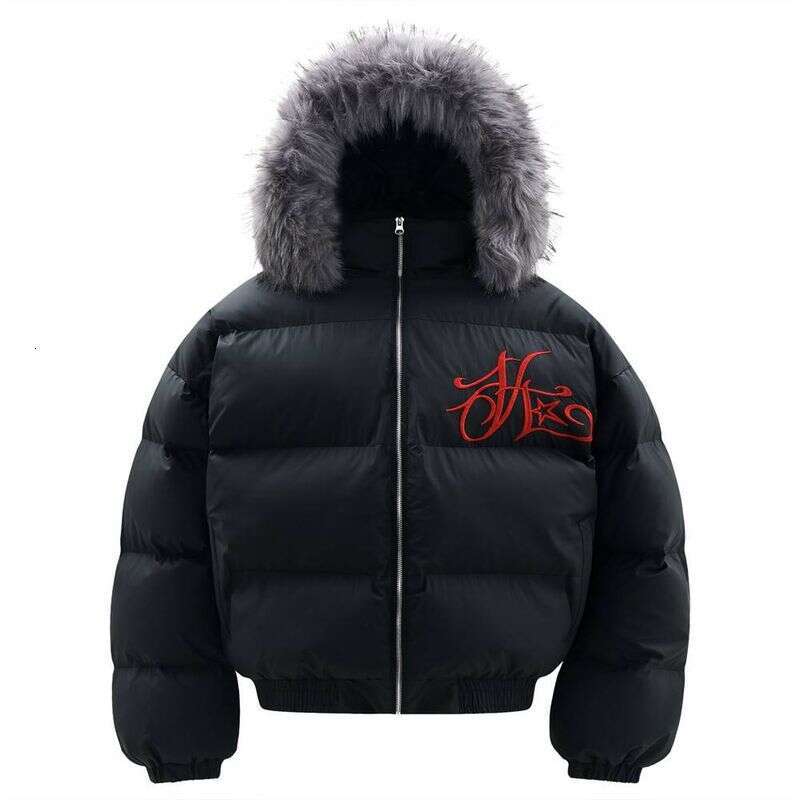 Gothic Letter Embroidered Fur Hooded Cotton Jacket Men's Trendy Winter Thickened Hat Detachable Stand Up Collar Coat