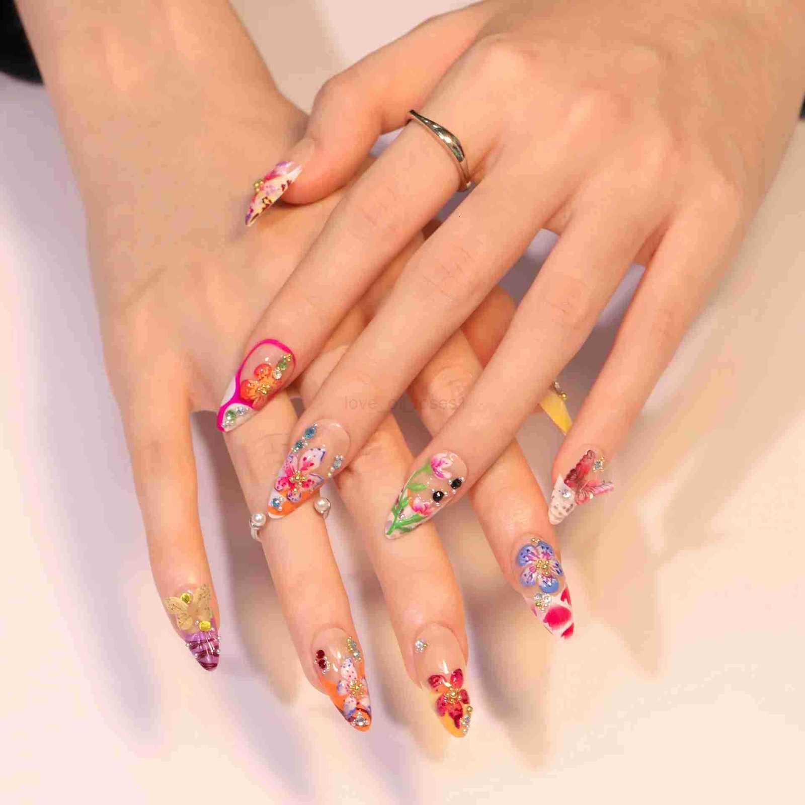 24pcs Tropical Flower Press On Nails Colorful French 3D Crystal Butterfly Shell Pattern Printed False Nails Almond Fake Nails Z250807