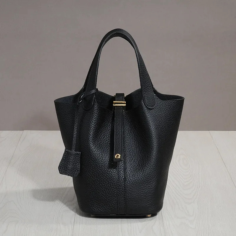 Trendy Genuine Cow Leather Lunch Bag 2024 Imported Bucket Bag Food Basket Picnic Handbag Soft Top-handle 250804