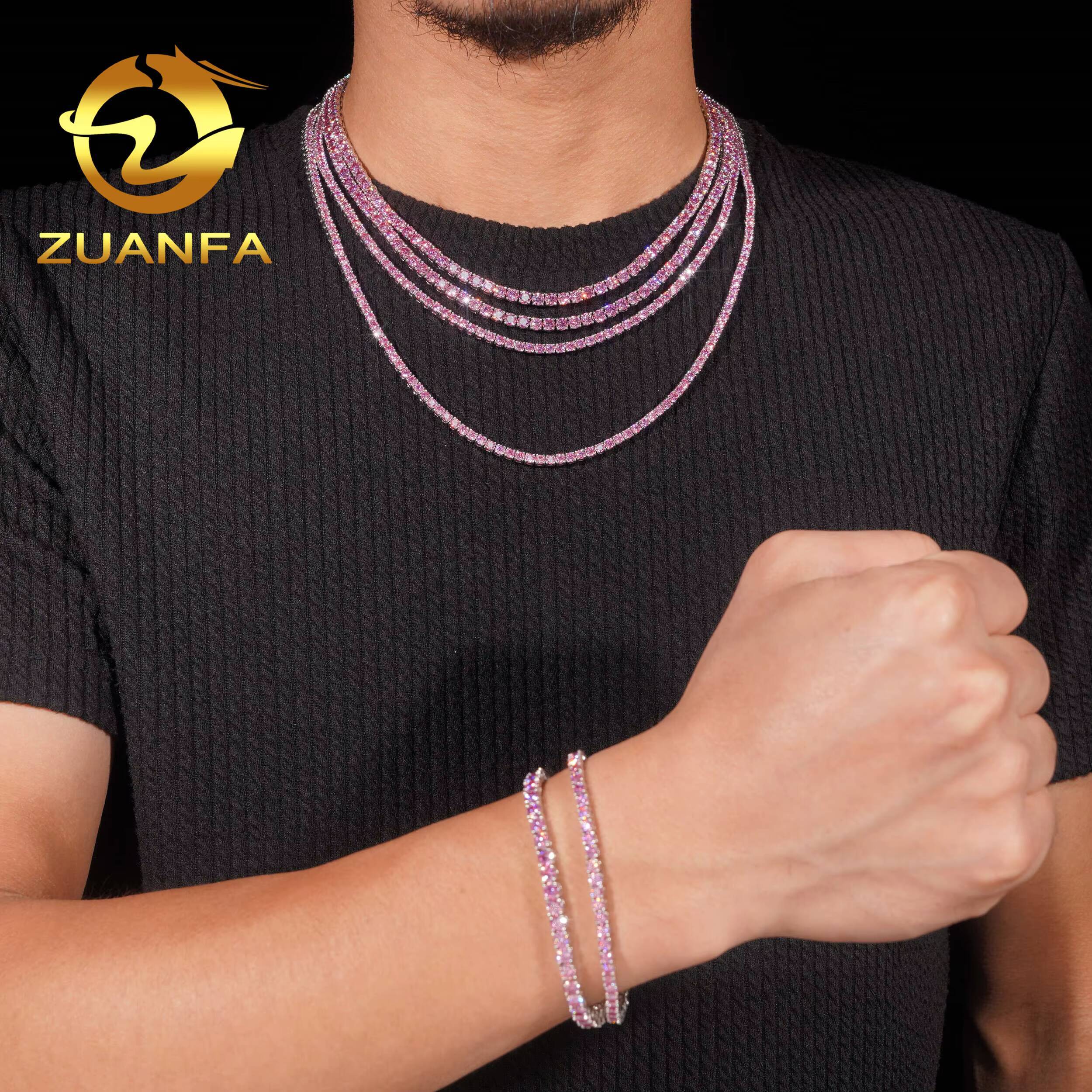 Pass Diamond Tetser 3mm 4mm 925 Silver Pink Moissanite Tennis Chain Fashion Jewelry Iced Out Tennis Necklace