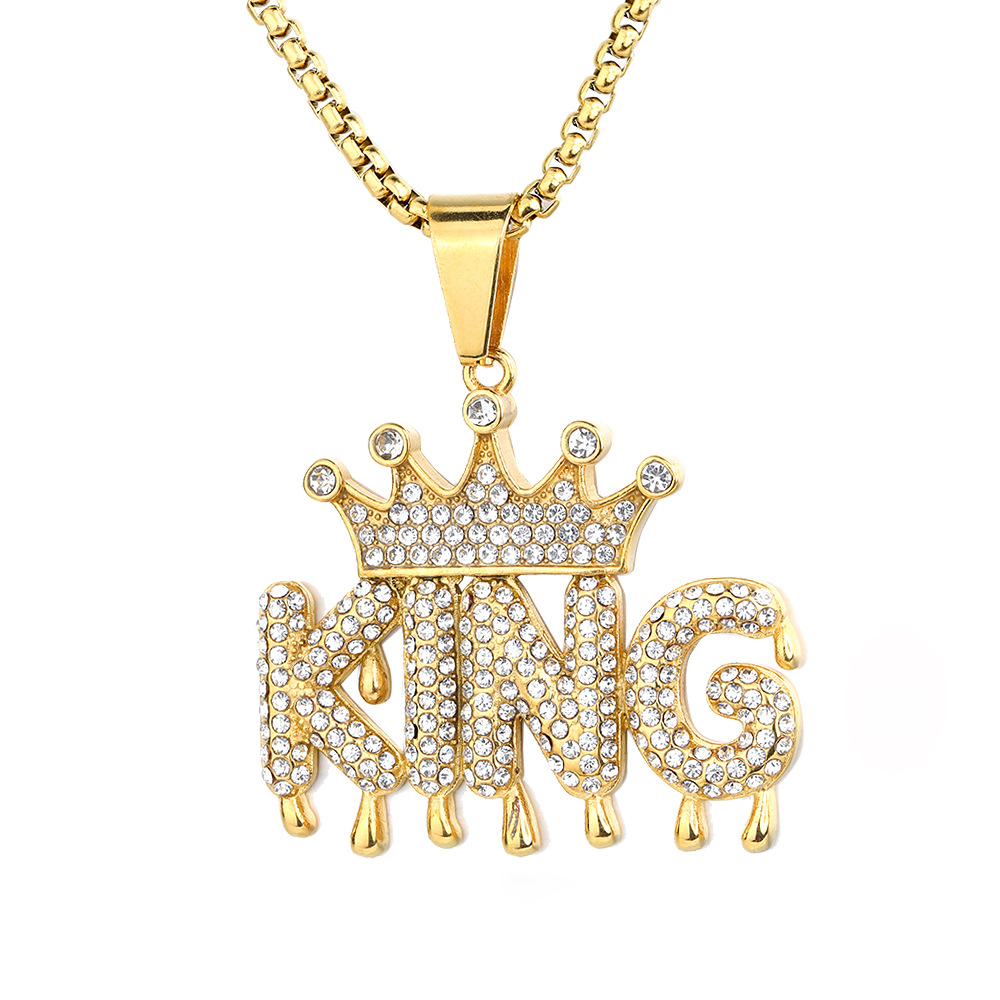 Hip Hop Crown KING Pendant Necklace Stainless Steel Gold Plated Zircons Jewelry