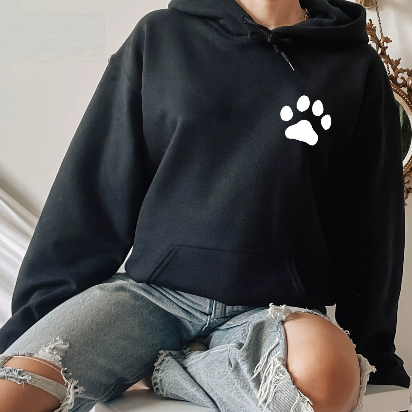 Ladies casual hoodie, dog and horse pattern drawstring hat, long-sleeved scratch hoodie