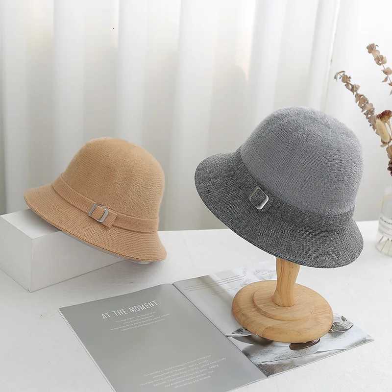 Womens Autumn Winter Knitted Bucket Hat Solid Color Faux Mink Cashmere Blend Literary Versatile Sunshade Daily Outdoor Wear XJ250807