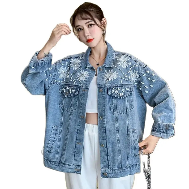 Spring Autumn Female Fashion Jeans Jacket Korean Rhinestones Embroideried 3D Flowers Hole Cowboy Outerwear Loose Lady Coat 250804