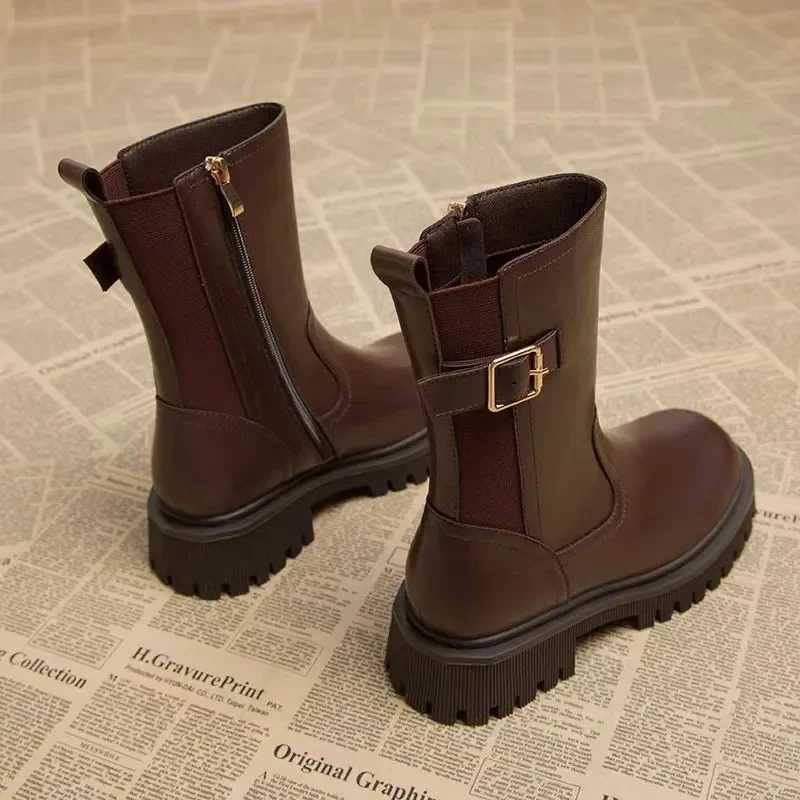 Quality Motorcycle Boots for Women Genuine Leather Black Brown Flat Platform Shoes Women Round Toe Short Boots Woman Boots XJ250807