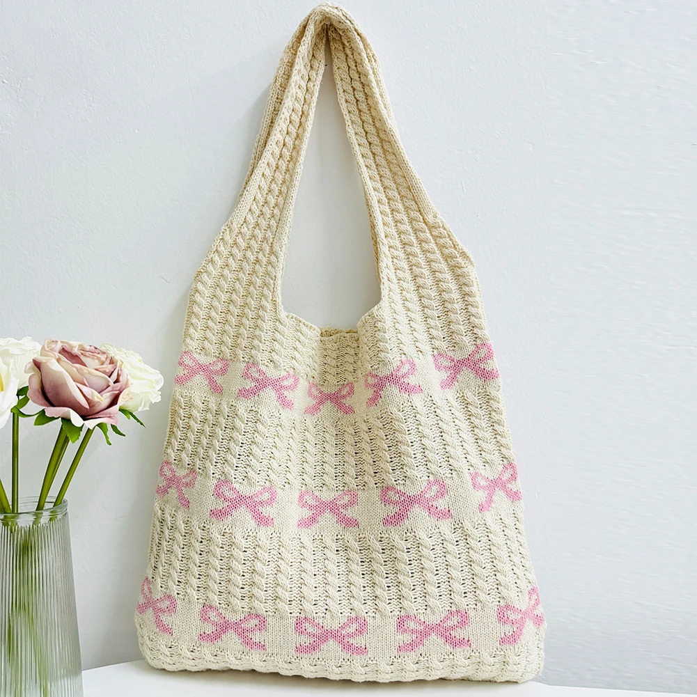 Knitted Handbags Large Capacity Bow Pattern Crochet Tote Bag Bow Pattern Crochet Tote Bag Multifunctional Knitted Shopping Bag 250807