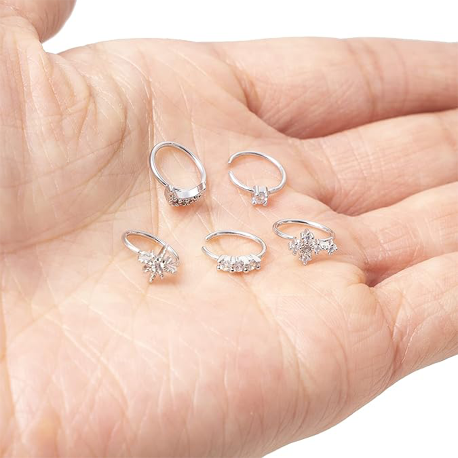 10Pcs Nose Ring Hoop Paved Flower Leaf Butterfly Feather CZ Cartilage Earrings Nose Piercing Jewelry for Women Men Silver Tone 20G