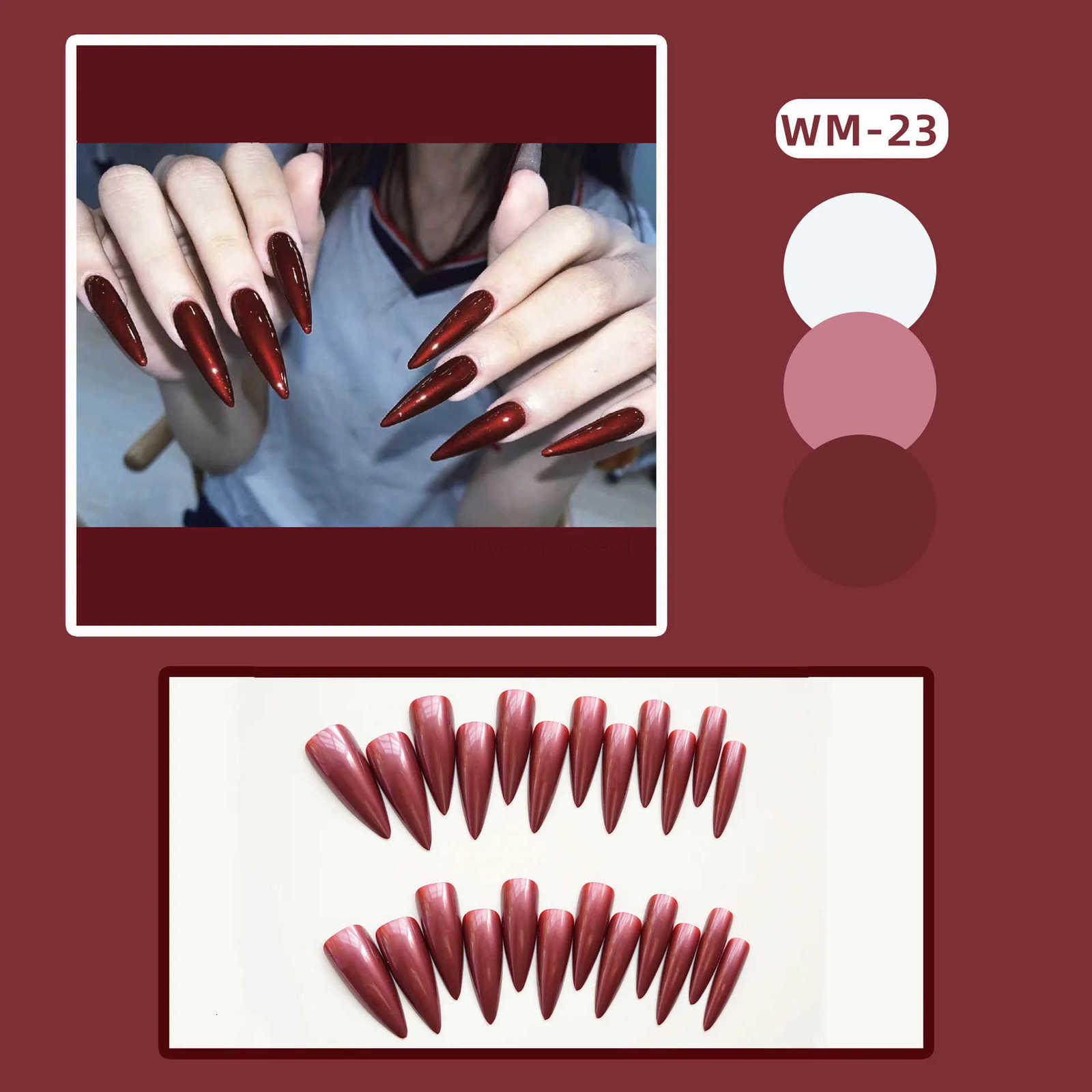 24pcs Super Long Stiletto Fake Y2K Nails Press On Vintage Wine Red False Nails With Designs Full Cover Fashion Almond Nail Tips Z250807
