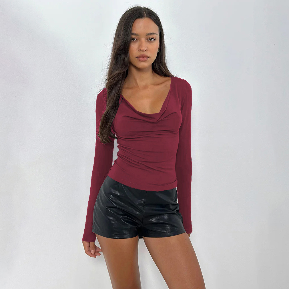 Autumn Winter Y2K Hot Girl Swing Collar Ruched Right Shoulder T-shirt Slim Fit Fashionable Base Solid Color Top