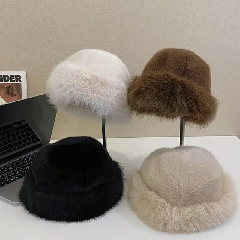 Fur Hat Women Warm Snow Ski Cap Plush Female Faux Fox Fur Thicken Warm Winter Hat Lady Windproof Panama Furry Fisherman Cap Y2k 250806