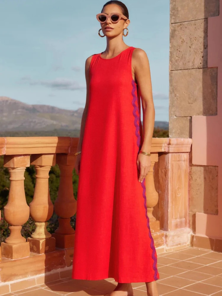 Summer Fashion Womens Beach Vacation Style Solid Color Elegant Dress Bohemian Spliced Sleeveless Sexy Robe 250807