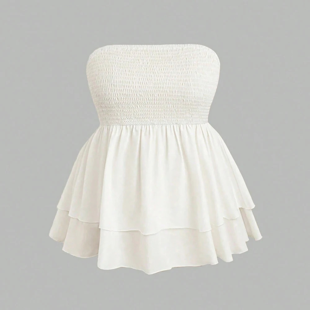 Plus Size Womens 2025 Summer Sleeveless Tube Holiday Style Solid Color Double Layer Ruffle Swing Tops 250807