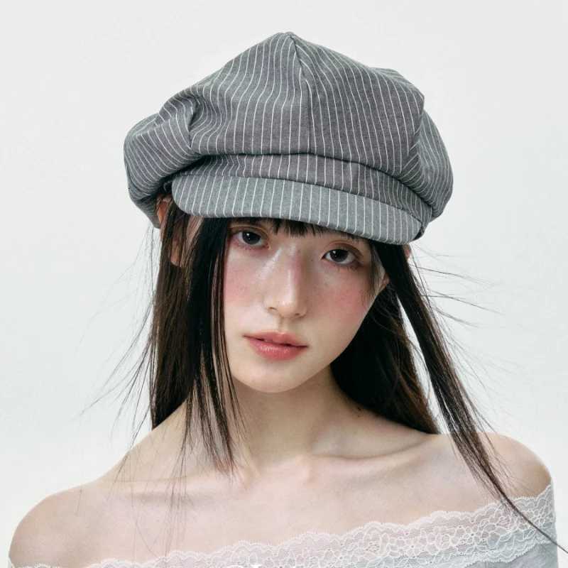 Korean Retro Simple Striped Octagonal Newsboy Hats for Women and Men Spring Summer Thin Casual Versatile Sunscreen Berets XJ250807