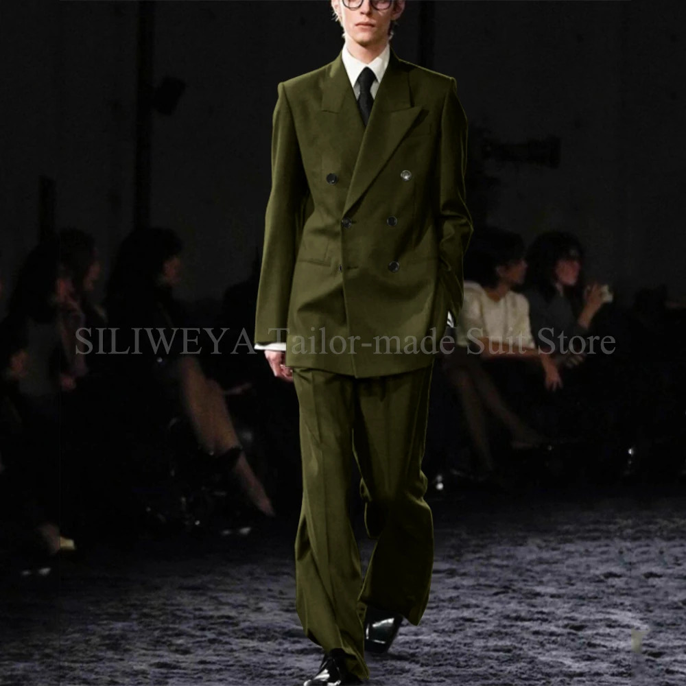 Smart Causal Grey Suit For Men Double Breasted Lapel Loose 2 Piece Jacket Pants Office Daily Prom Terno Masculinos Completo 250807