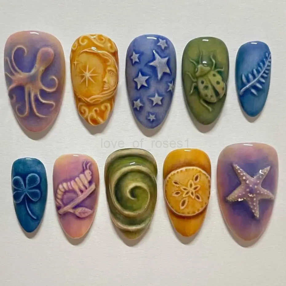 24pcs Charming Summer Ocean Press On Nails Colorful Painting Short Almond False Nails With Starfish Flower Press On Nail Z250807