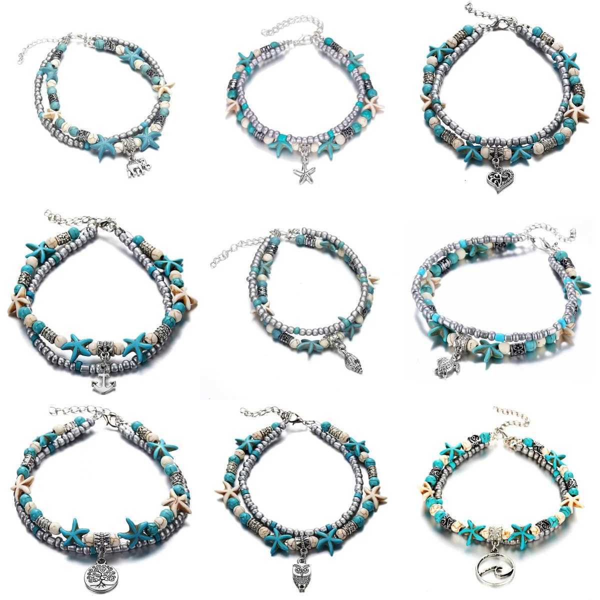 Vintage Turquoise Starfish Turtle Foot Ornaments Beach Layer Beaded Hollow Double Anklet for women Valentines Day Gift Y250805
