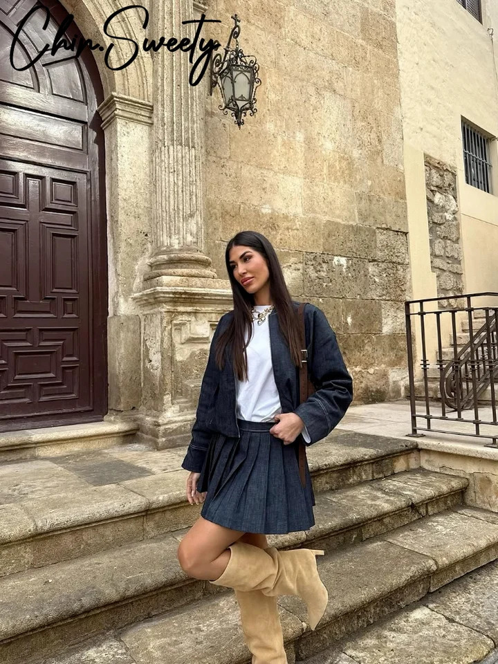Street Denim Coat Mini Skirt Sets Women O-neck Long Sleeve Jacket Pleated Skirts Female Suit 2025 Spring Summer Lady Suits 250804