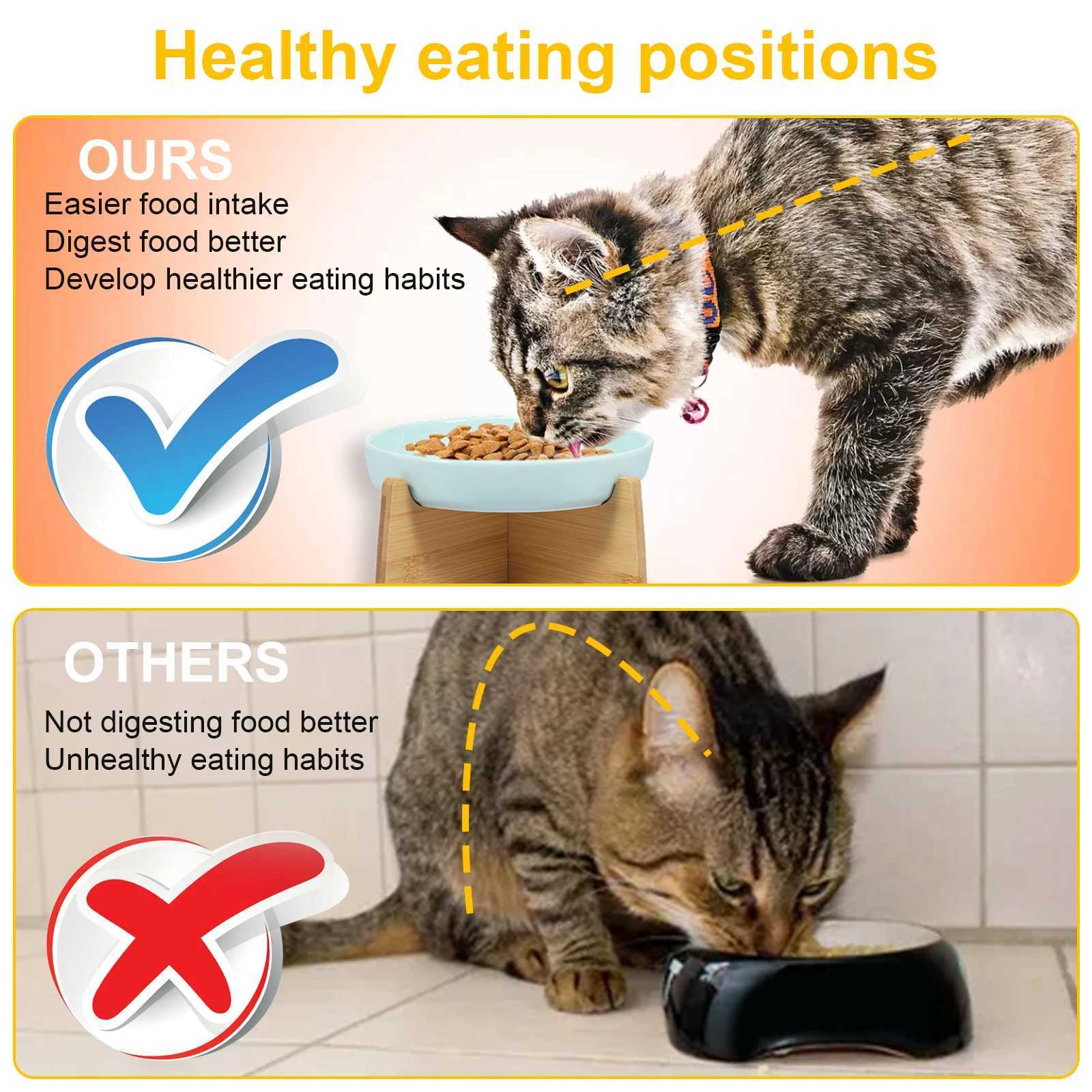 Slow Feeder Bowl with Wood Stand Ceramic Raised Cat Bowl for Neck Protection Anti-choking Slow Eating Pet Bowl Feeding Supplies Y250806