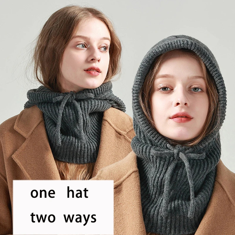 Winter Balaclava Hat for Men Women Knitted Hooded Cap Outdoor Windproof Drawstring Hat Neck Beanie Capofficial website 250805