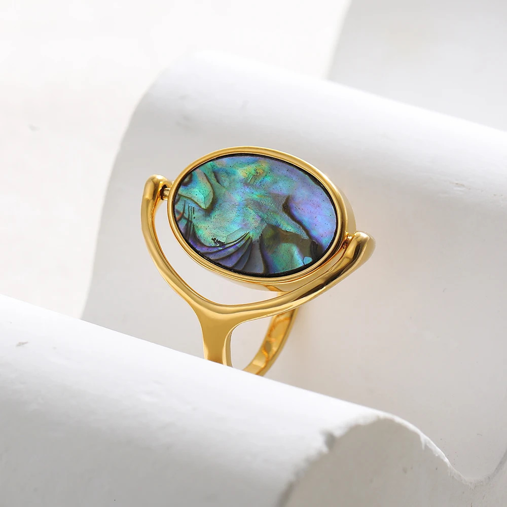 Double Sided White Shell and Abalone Shell Oval Rings for Women Creative Rotating Ring Elegant Jewelry 250730