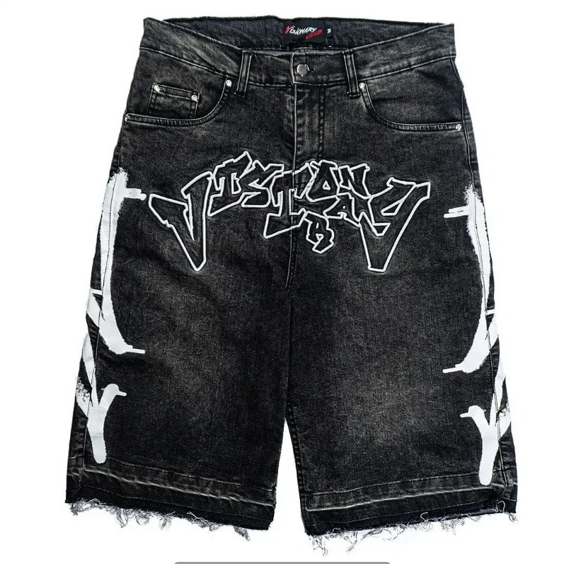 Men's Shorts Jorts Rhinestone Graffiti Distressed Printed Denim Men Women Trend Retro Hip Hop Streetwear Unisex Baggy Short Pants