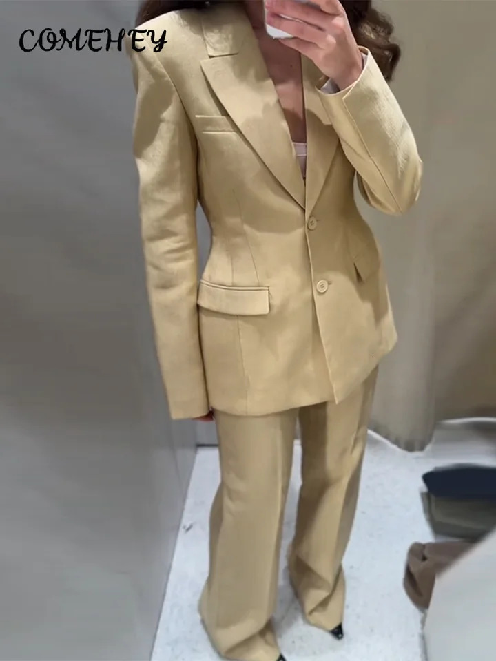 Casual Solid Blazer Pants Sets Women Slim Waist Lapel Long Sleeve Shoulder Pad Jacket High Waist Straight Trouser 2025 Outfits 250804