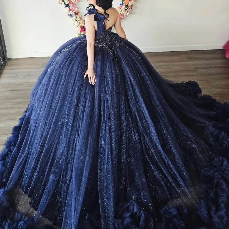 Navy Blue Shiny Quinceanera Dresses Ball Gown Off The Shoulder Applique Beads Tull Tiered Party Birthday Sweet 16 Dress Vestidos 15 Anos