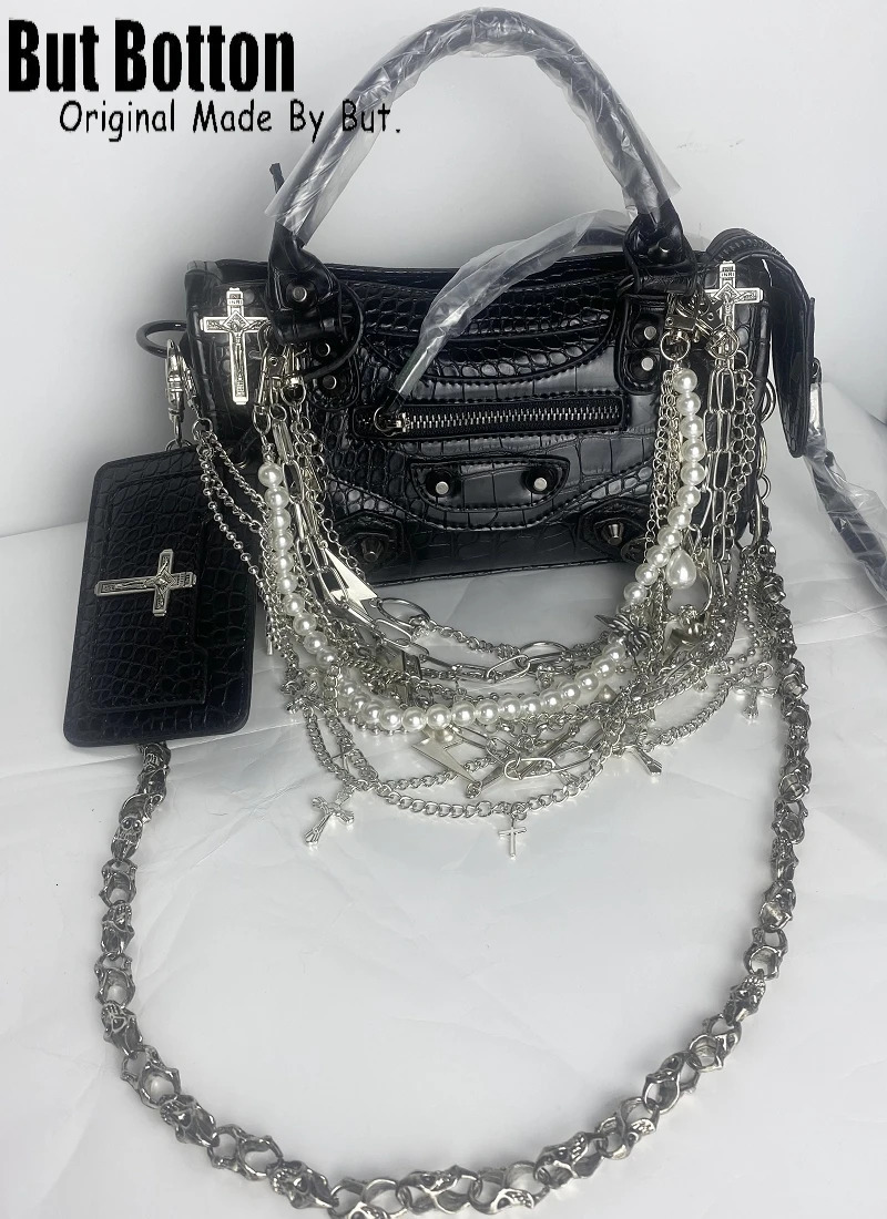 Y2K Punk Metal Cross Skeleton head Chain Pearl Chain Women Shoulder Bag Handbag Decorative chains Pendant DIY Accessories 250807