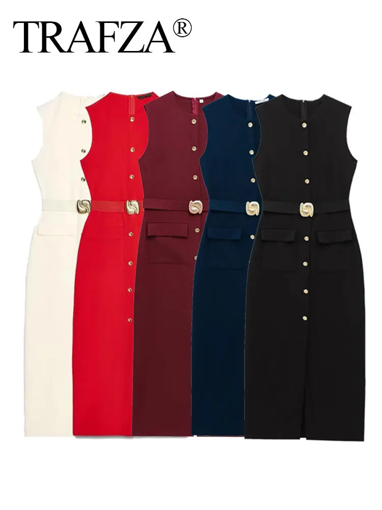 TRAFZA Female Summer Elegant Midi Dress ONeck Hem Slit With Belt Sleeveless Single Breasted Back Zipper Fashion Long 250807