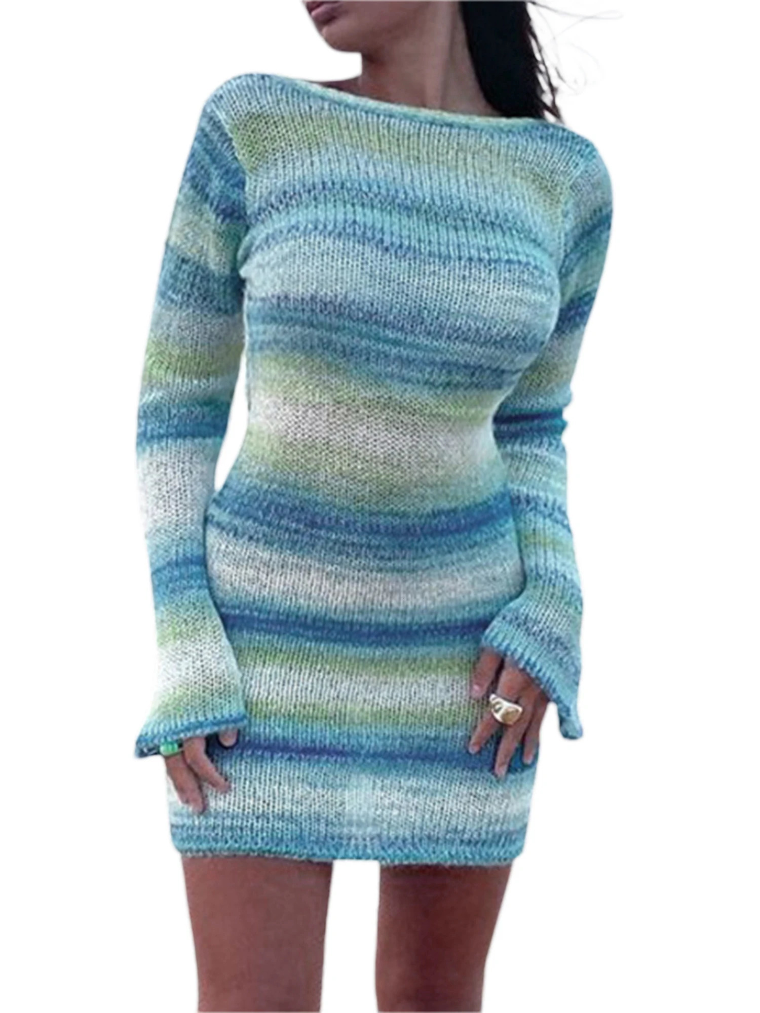 Elegants Dress For Women O-Neck Autumn Knitted Dress Collision sweater long sleeve round neck striped dress 250806