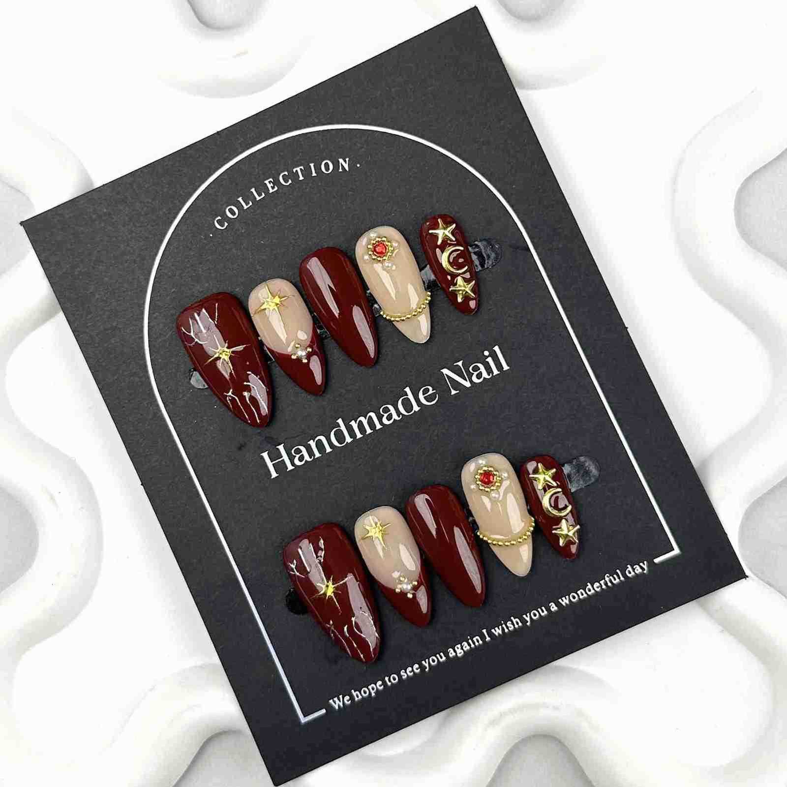 10pcs Nude Wine Red Press On Nails With Pearl Star Moon Shaped Almond Fake Nails For Women And Girls Nail Salon Detachable M250807