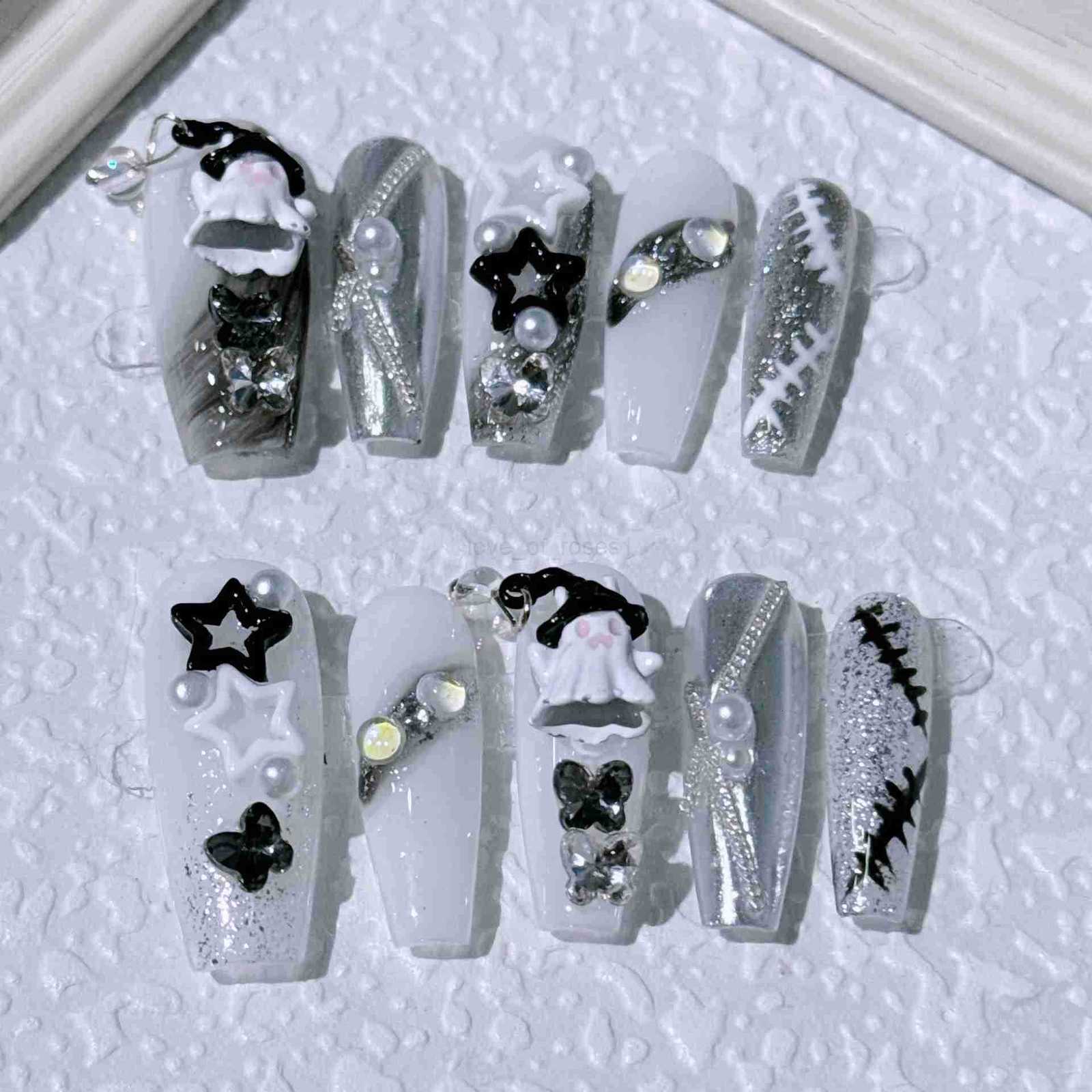 10pcs Handmade Gothic Press on Nails Halloween Design Fake Nail Tips Wearable European Heavy Metal Y2k False Nails Z250807